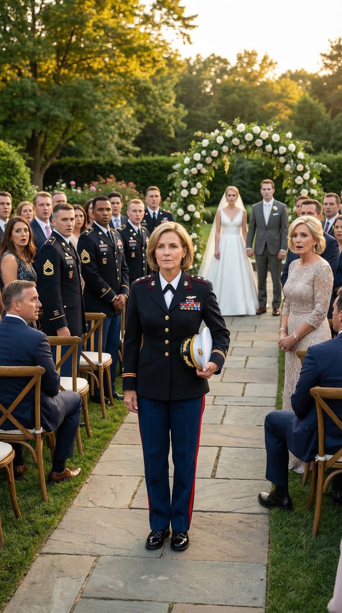 Min familj sa till mig att jag inte skulle bära min uniform till min brors bröllop. ‘Soldater är pinsamma.’ Men jag gick in iklädd min fulla galadräkt — två stjärnor på axlarna, officerstopp i handen. 120 gäster vände sig om för att stirra på mig. 20 marinsoldater reste sig: ‘General ombord!’ DERAS ANSIKTEN BLEV VITA.