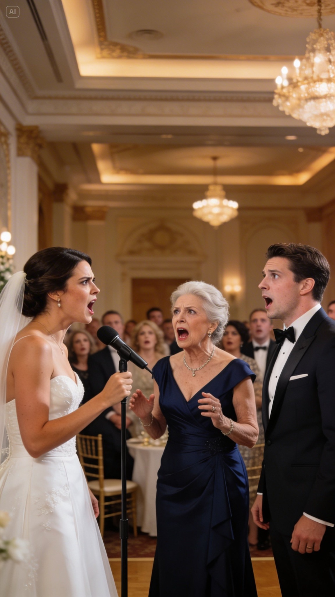 Mitt i mitt bröllop, med gäster som ler och kameror som blinkar, chockade min blivande svärmor hela rummet genom att ta mikrofonen och utfärda ett hänsynslöst krav: “Om du inte ger upp dina arvsrättigheter till de 10 lägenheterna, är detta bröllop över.” Min mage sjönk, luften blev iskall, och medan alla väntade på att jag skulle bryta ihop, gick jag direkt till mikrofonen och gjorde 3 tillkännagivanden som förändrade allt.