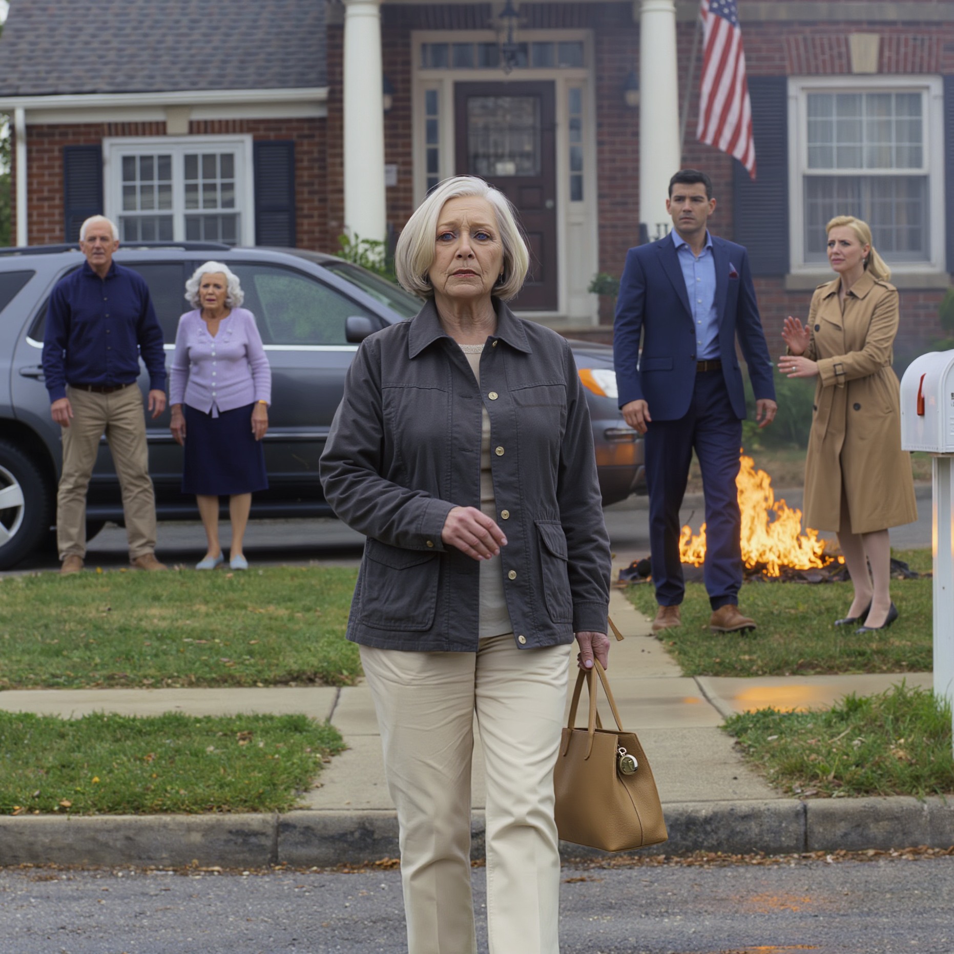 Jag vaknade efter en sex månaders koma. Min son sa: “Mamma, jag gav ditt hus till mina svärföräldrar. Vi trodde att du inte skulle klara det.” Hans fru tillade: “Du måste hitta någon annanstans att bo.” Jag gick tyst. Tre timmar senare, när de kom tillbaka, hade låsen bytts ut och alla deras tillhörigheter brann på gräsmattan framför huset…