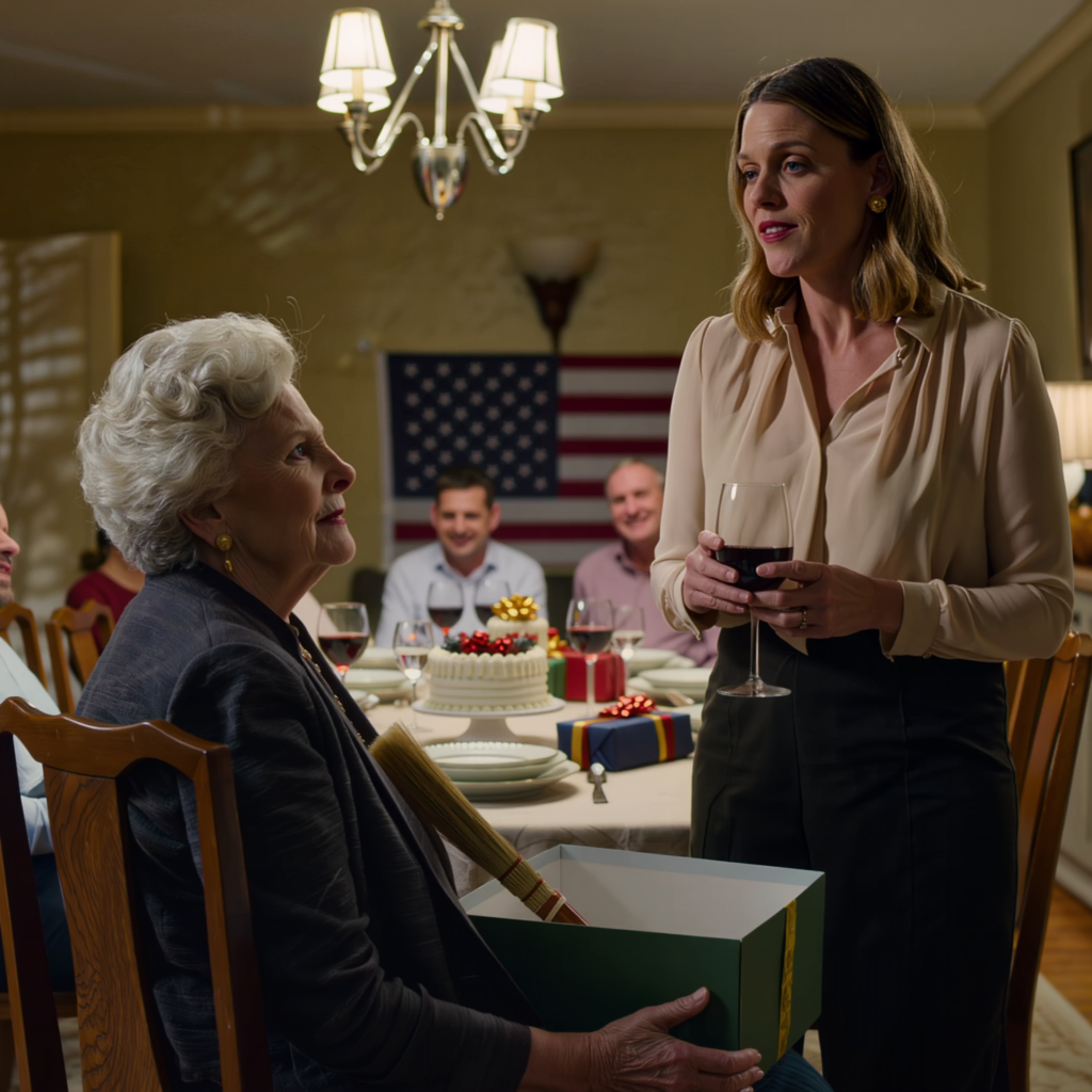Minha nora empurrou uma caixa nas minhas mãos e sorriu, “Só mais um pouco e a Mamãe poderá voar.” A mesa de jantar naquela casa suburbana explodiu em risadas, meu filho abaixou a cabeça como se não tivesse ouvido nada, e eu apenas segurei o presente no meu colo e agradeci — até a manhã seguinte, quando algo na porta da frente deixou toda a família congelada