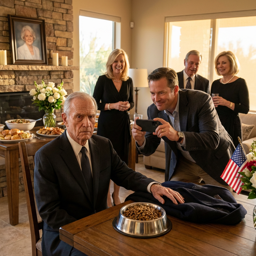 På min frus minnesstund knuffade min son en skål hundmat framför mig och sa: “Det är vad parasiter äter.” Sedan lyfte han sin telefon och filmade, planerade att göra min förödmjukelse till underhållning. Jag argumenterade inte. Jag reste mig bara upp och gick därifrån. Nästa morgon, när hans bankkort plötsligt slutade fungera och polisen kom till hans dörr, var det han som ringde i panik och bad mig att svara.