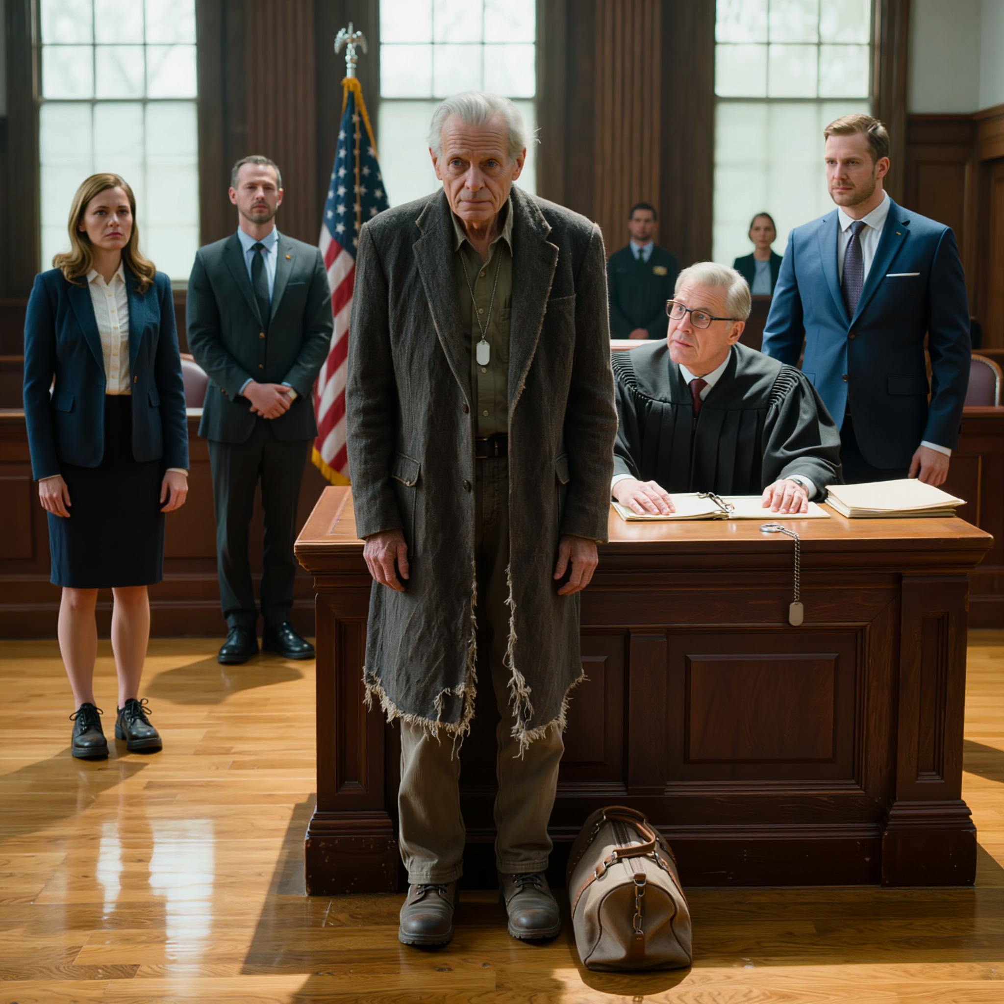 Kämpar veteran i domstolen tills den ordförande hörde hans namn och reste sig i tystnad.