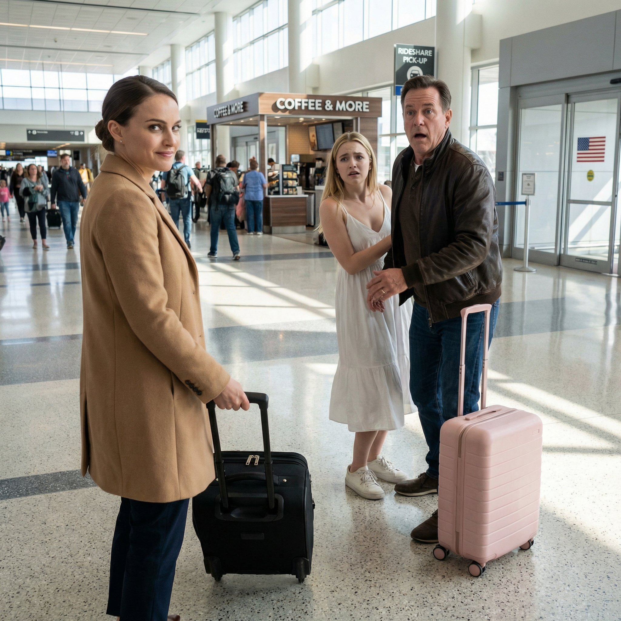 Jag fångade min pappa på flygplatsen med armen runt en flicka som knappt såg äldre ut än jag, och istället för att skrika log jag och kallade honom “Pappa” så sött att båda blev vita på platsen.