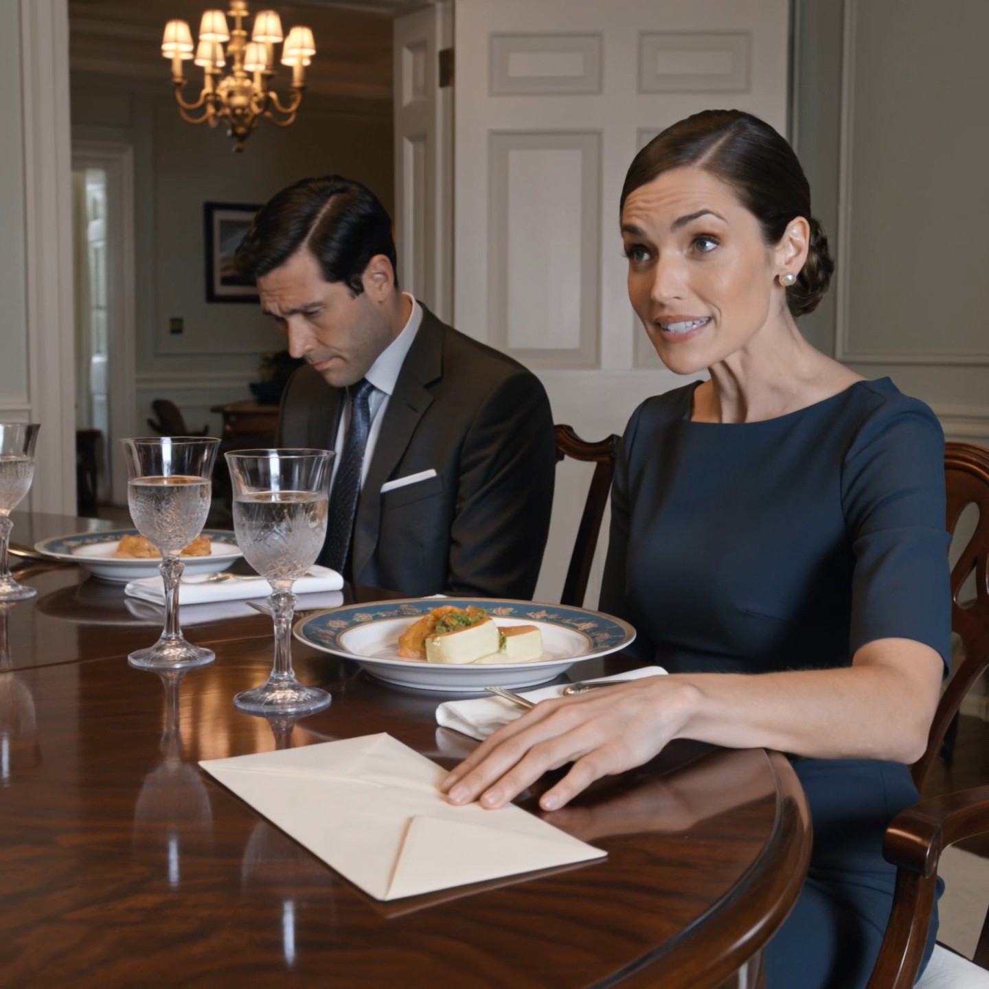 Kuvertet gled över den polerade ekbordet och stannade bredvid min tallrik så tyst att det nästan kändes artigt.
Robert Harper höll två fingrar på det en stund längre, som om han ville att jag skulle förstå numret inuti innan jag ens tittade.
Mittemot honom satt Margaret under kristallkronan med det samlade country-club-leendet som kvinnor bär när de redan har bestämt hur kvällen ska sluta.
Min man stirrade på sitt vattenglas. Mjuk jazz flöt in från vardagsrummet. Kristall. Linne. Silverbestick placerade med militär precision.
Det var den typen av middag där ingen höjde rösten, men varje mening kom ut klädd för förhandling.