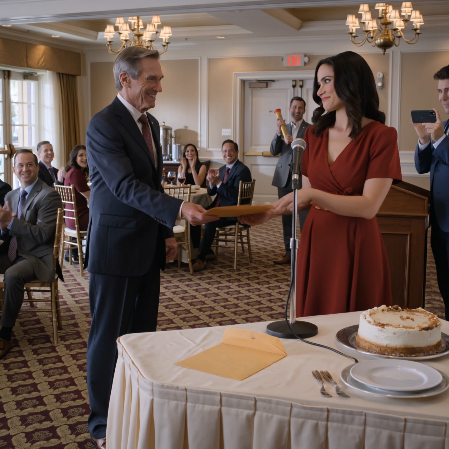 Na mojej bankiecie emerytalnej w hotelu przy autostradzie I-84 pod Hartford, moja żona wzięła mikrofon, zanim zdążyłem podziękować komuś, i ogłosiła, że mnie opuszcza, podczas gdy nasze dzieci oklaskiwały pod sztucznymi kryształowymi żyrandolami, jakby wszystko było zaplanowane między deserem a kawą.