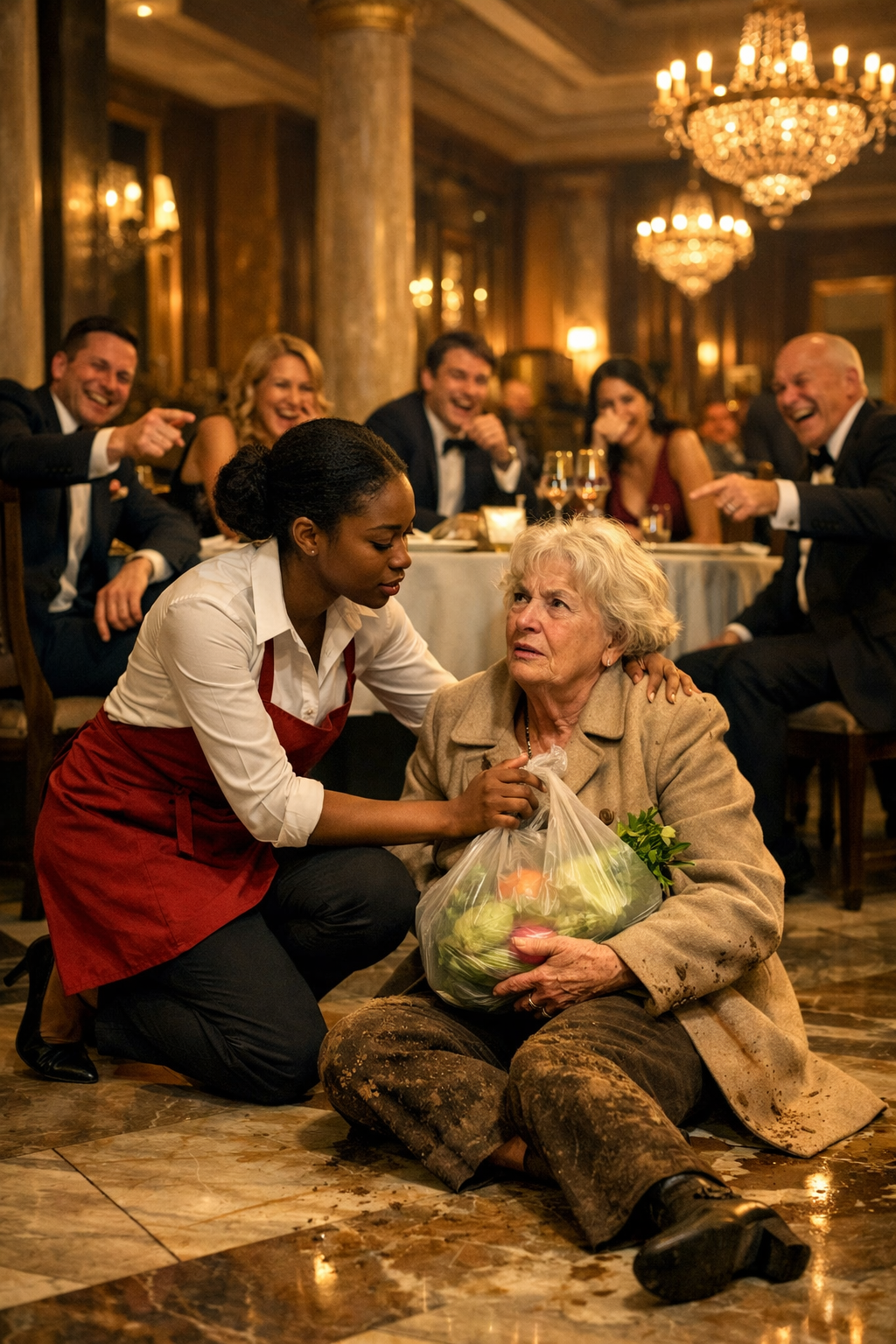 Todos Riram da Garçonete Ajudando uma Velha Caída—Até Descobrirem que Ela Era Mãe de um Bilionário