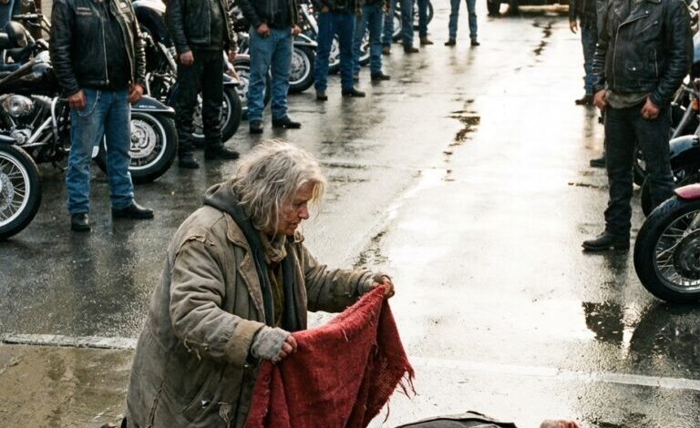 Den hemlösa kvinnan som täckte en motorcyklist i regnet — och morgonen som chockade hela staden