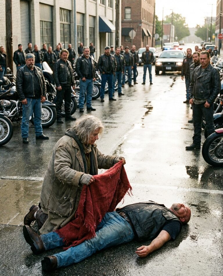 Den hemlösa kvinnan som täckte en motorcyklist i regnet — och morgonen som chockade hela staden