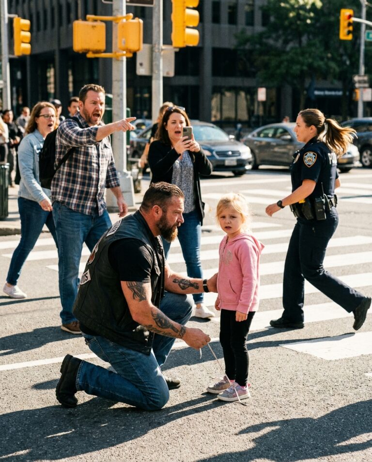 En cyklist knäböjde för att knyta en liten flickas sko på en trång gata — och alla trodde det värsta