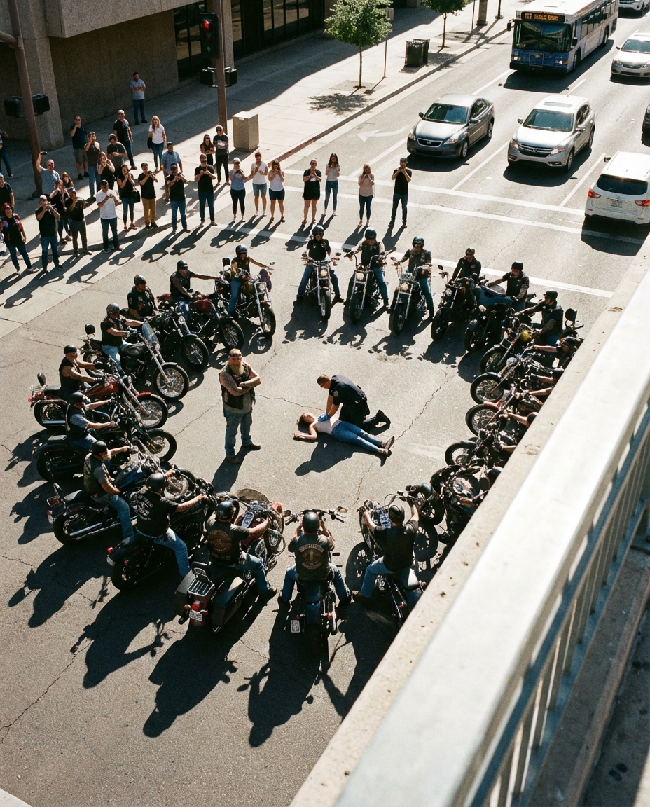 40 motorcyklister omringade en polisman som knäböjde bredvid en kvinna — Det som såg ut som våld var något helt annat