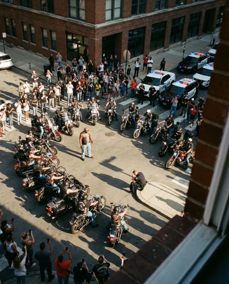 Flera dussin motorcyklister bildade en cirkel runt en polis som satt på trottoaren — Vad folk trodde var fel