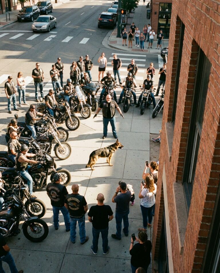 40 motorcyklister plötsligt stannade runt en K9-hund på trottoaren — det som såg ut som en konfrontation gömde något ingen förväntade sig