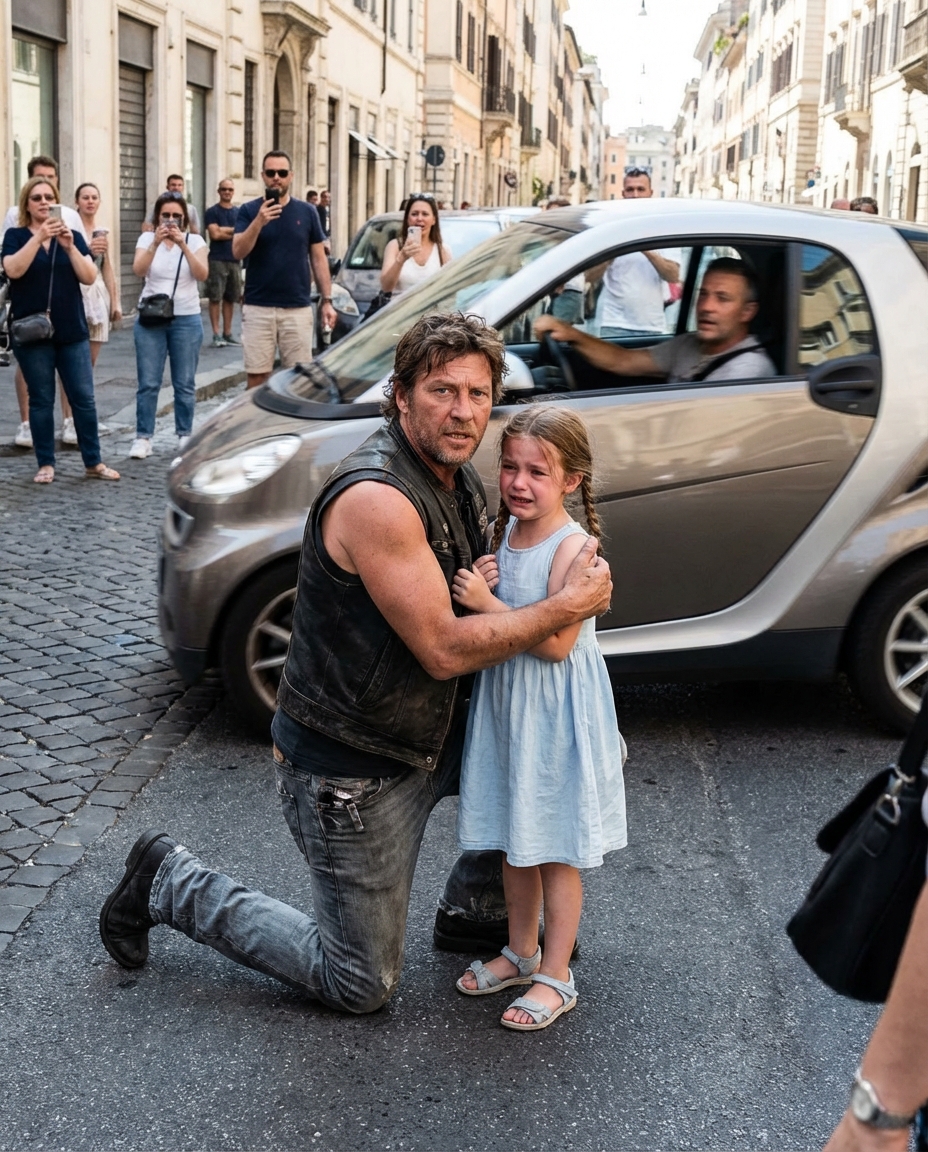 En jättelik motorcyklist knäböjde i trafiken för att skydda en liten flicka — när bilen äntligen stannade blev alla tysta