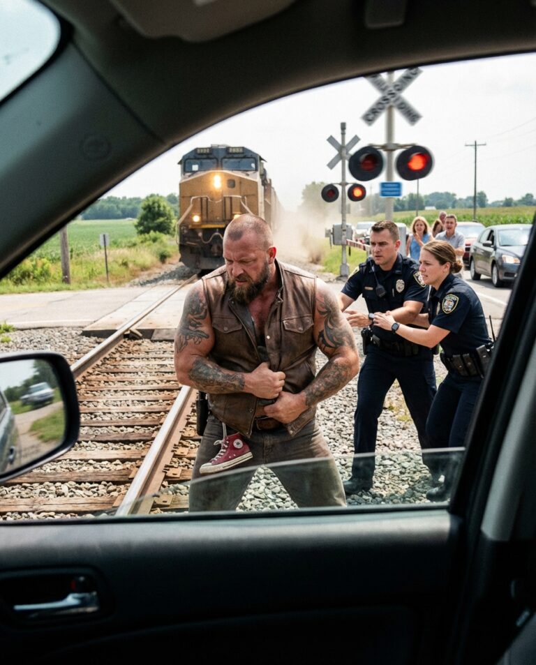 En motorcyklist stod orörlig på järnvägsspåren när ett tåg närmade sig — När polisen drog bort honom såg de äntligen vad han höll i handen