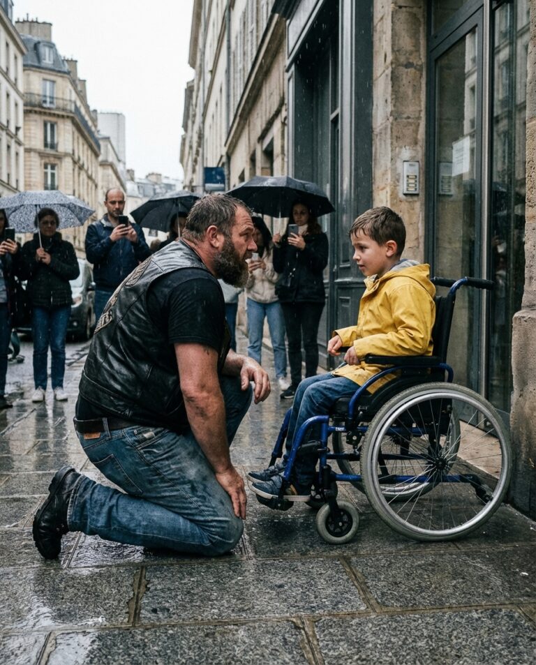 En motorcyklist knäböjde i regnet bredvid en pojke i rullstol i två timmar — när pojken äntligen talade, insåg folkmassan vem mannen egentligen var