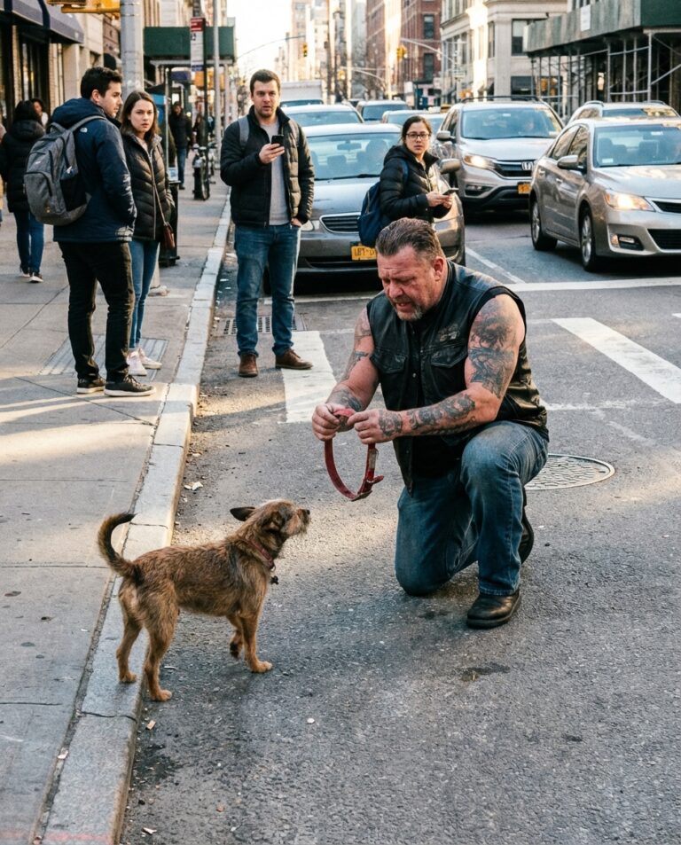 En tatuerad motorcyklist knäböjde plötsligt framför en herrelös hund mitt på gatan — Anledningen till detta fick alla att gå förbi i tystnad