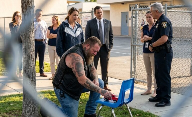 En Jättelik Cyklist Hittades Gråtande Framför en Tom Skolstol — Vad Säkerhetsvakten Sa Nästa Fick Alla att Frossa av Känslor