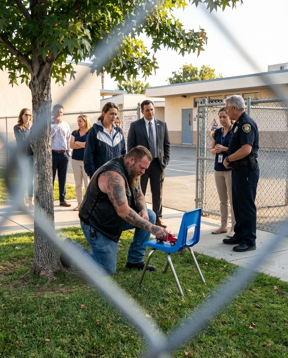 En Jättelik Cyklist Hittades Gråtande Framför en Tom Skolstol — Vad Säkerhetsvakten Sa Nästa Fick Alla att Frossa av Känslor