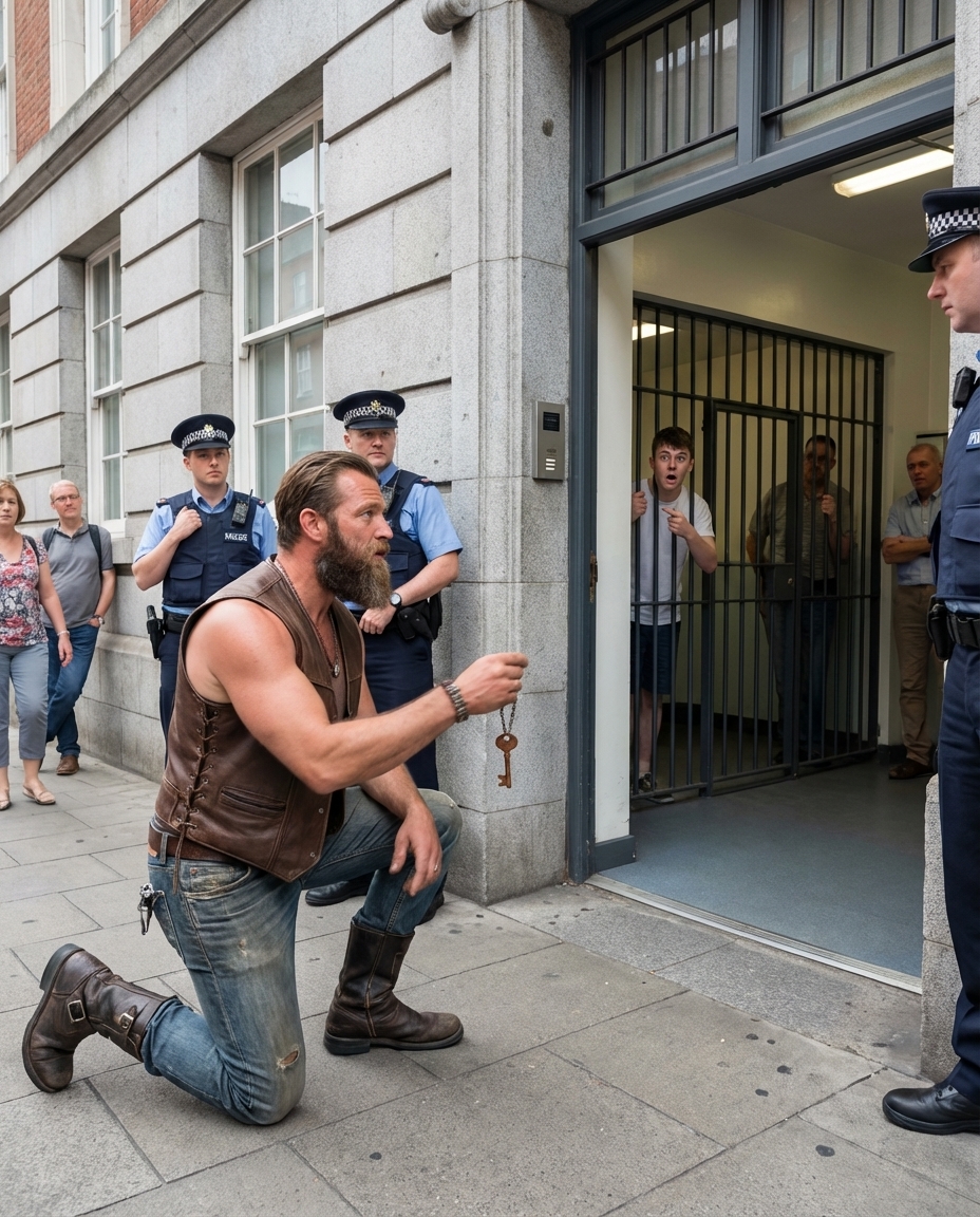 Motorsyklisten som knäböjde utanför en polisstation — tills fången inuti gick ut och kallade honom “Pappa”