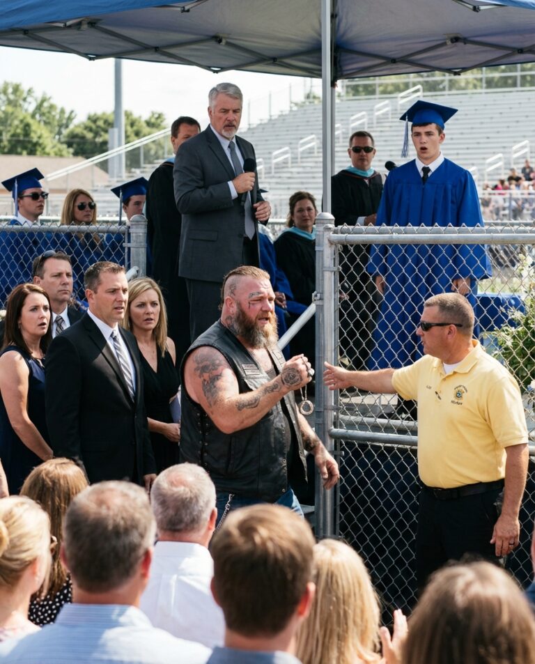 Den tatuerade ansiktets motorcyklisten blev utkastad från en examensceremoni — tio minuter senare blev rektorn tyst när han hörde sitt riktiga namn