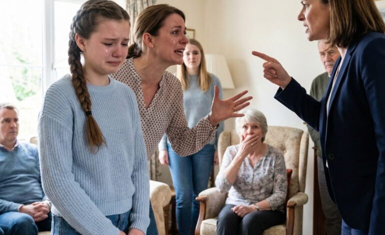 Vid familjeträffen reste sig min syster, pekade på min 13-åring och sa: “Hon är mentalt efter! Ge henne inte pengar.” Rummet blev tyst. Min mormor stirrade förvånat. “Du vet verkligen inte vem hon är?” Min syster blev blek, “Vänta, verkligen?”