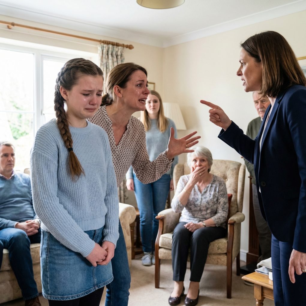 Vid familjeträffen reste sig min syster, pekade på min 13-åring och sa: “Hon är mentalt efter! Ge henne inte pengar.” Rummet blev tyst. Min mormor stirrade förvånat. “Du vet verkligen inte vem hon är?” Min syster blev blek, “Vänta, verkligen?”