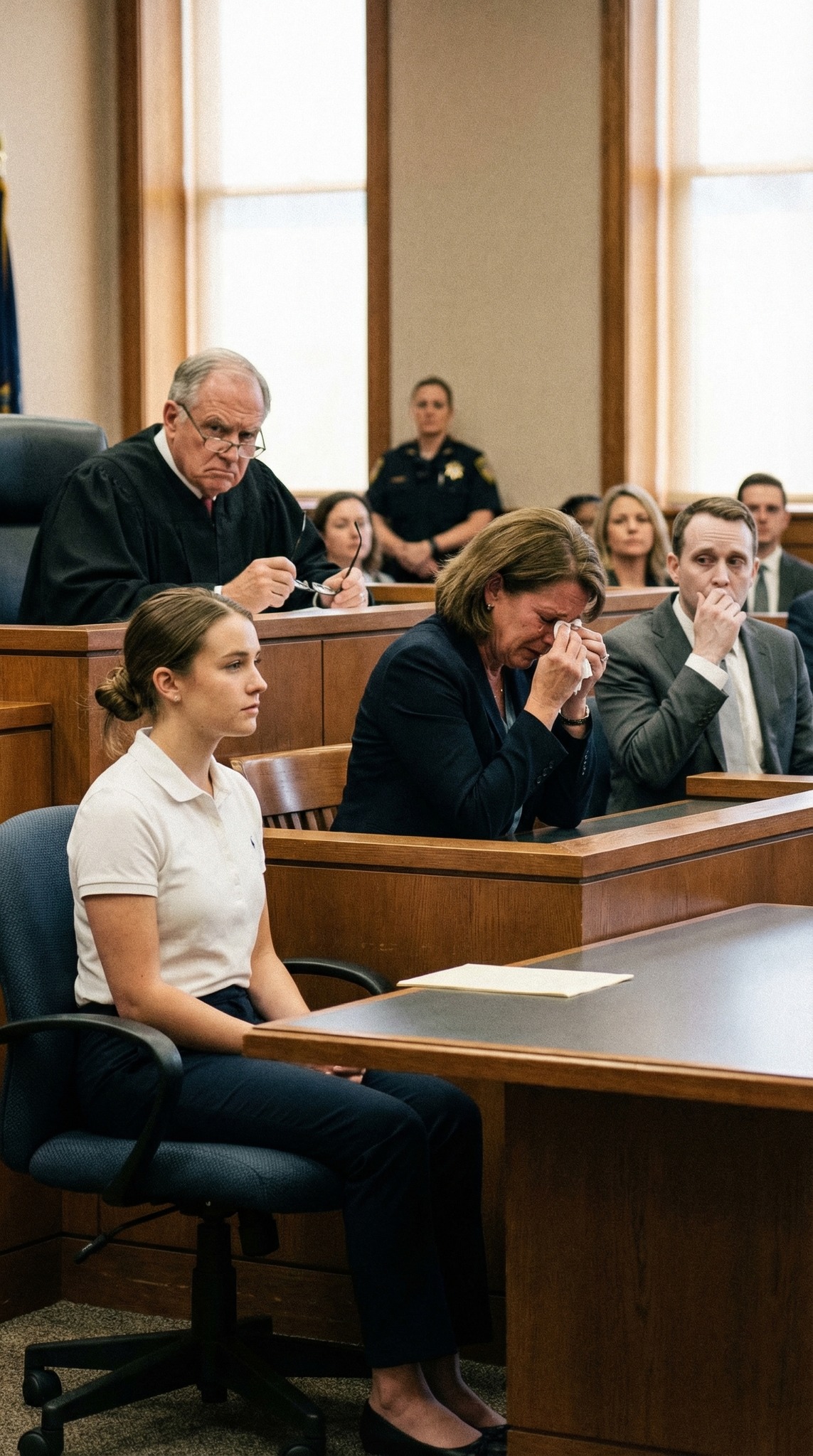 Hon knappt kan klä sig själv,” snyftade min styvmor i domstolen. Jag förblev lugn. Domaren tog av sig glasögonen och sa, “Trodde du verkligen att ingen skulle kolla?” Hennes advokat bleknade. Styvmor frös till. “Vänta… vad?