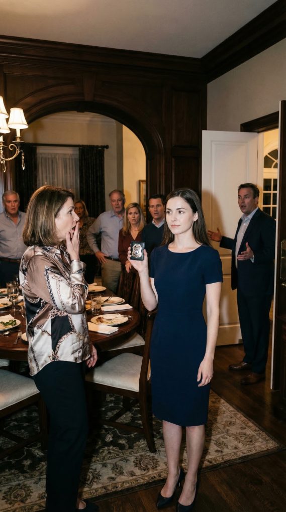 “Hon är bara en enkel revisor,” smirkade min svägerska framför alla. Mannen vid dörren log: “Enkel? Hon är den federala revisor som undersöker ditt företag imorgon.” Och när… jag drog fram mitt ID-kort.