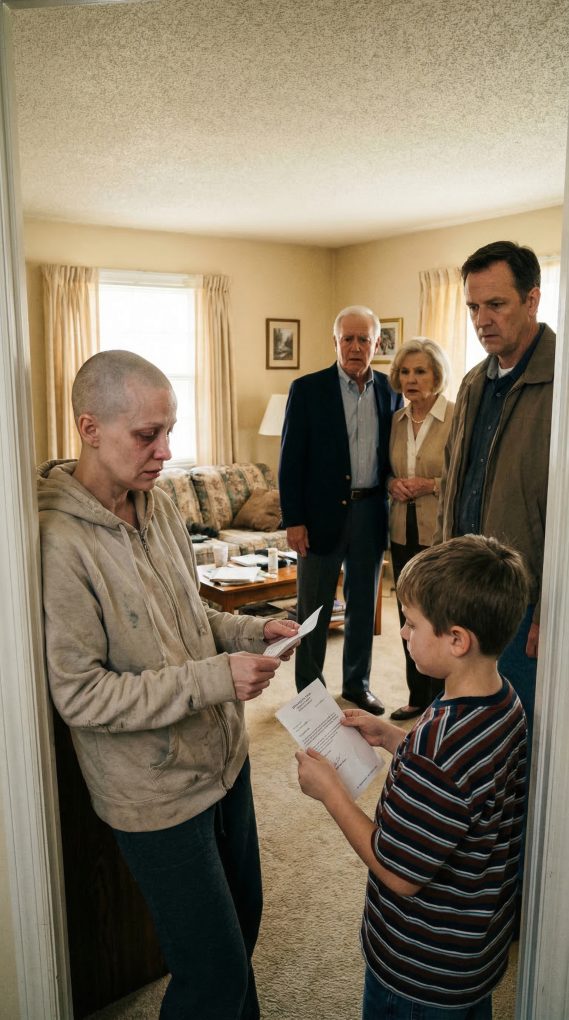 Jag ringde min familj för att säga att jag hade bröstcancer.
Mamma sa, “Vi är mitt i din kusins brudskål.”
Jag gick igenom kemoterapin ensam.
Dagar senare kom de och frågade om jag fortfarande kunde skriva under min systers billån.
Min 6-åriga son kom ut med ett läkarintyg… och sa, “Mamma sa att visa dig detta om du någonsin ber om pengar.”
Deras leenden frös till när de läste det.