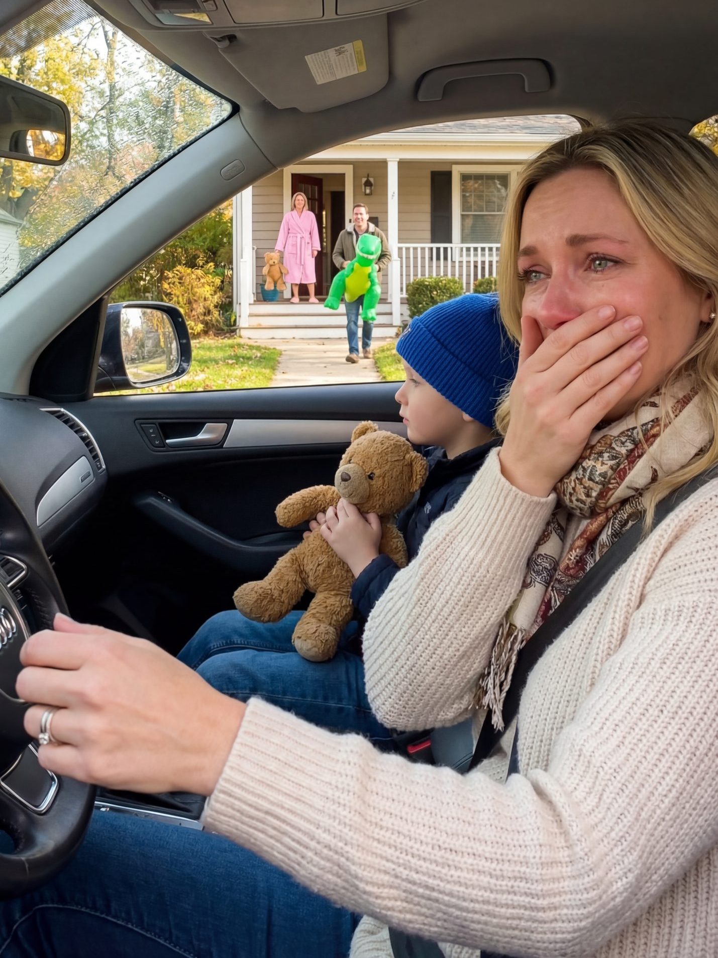 Myślałam, że mój syn zgubił swoją maskotkę… Dopóki nie zobaczyłam męża stojącego na werandzie z kobietą w moim szlafroku. Wtedy pięcioletni syn szepnął coś, co sprawiło, że serce mi stanęło: „Tata powiedział, że to sekret dorosłych.”