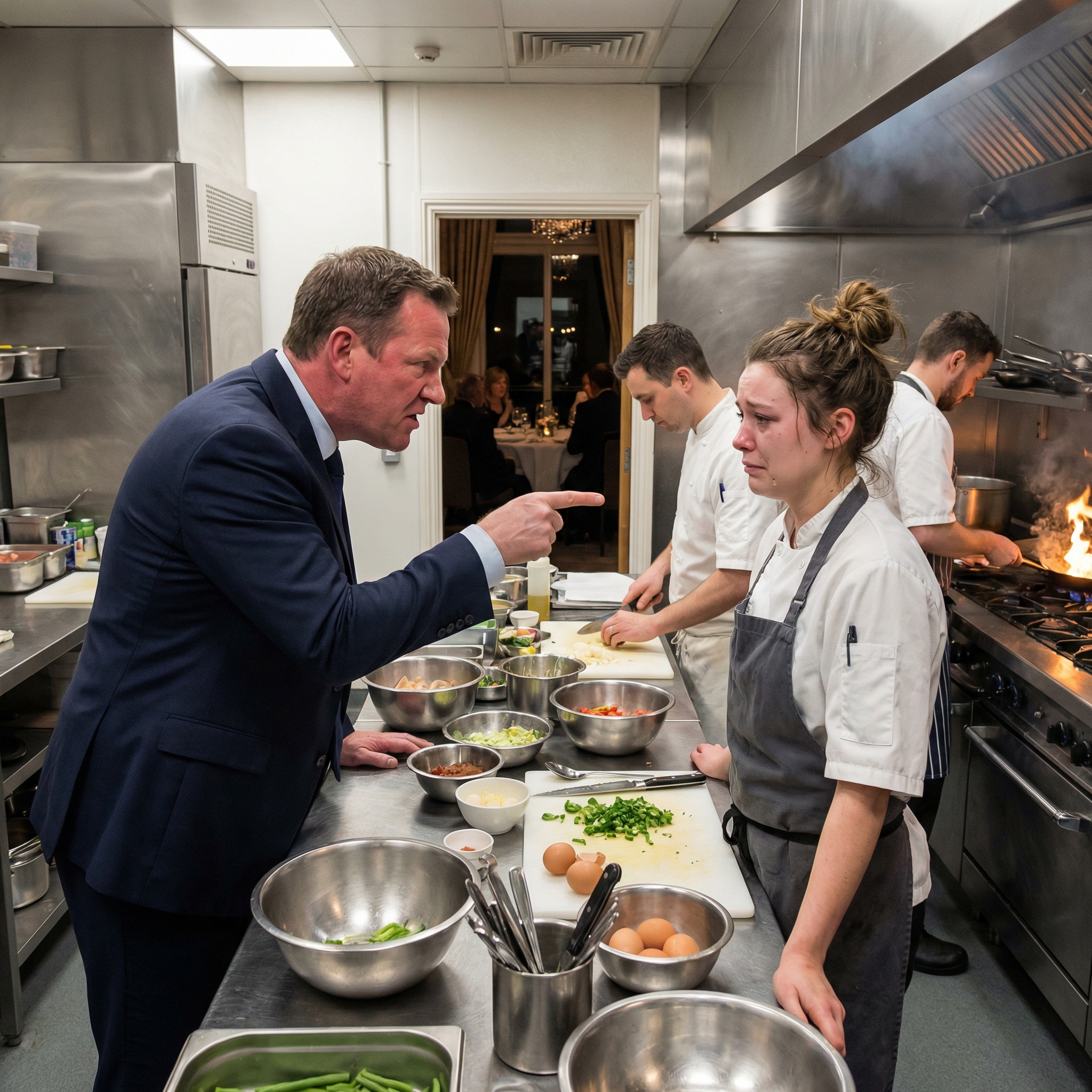 Zostań w kuchni. Twoja siostra rozbawia VIP-owskich inwestorów tej nocy,” rozkazał tata podczas wielkiego otwarcia rodzinnej restauracji. Zdjąłem fartuch, wyszedłem z tylnego wyjścia i odjechałem. Dziesięć minut później, główny inwestor wstał w jadalni i ogłosił: “Szef kuchni z gwiazdką Michelin, którą miałem sfinansować, właśnie napisała, że rzuciła pracę.” Potem podrwał czek na 5 milionów dolarów… prosto przed nimi!