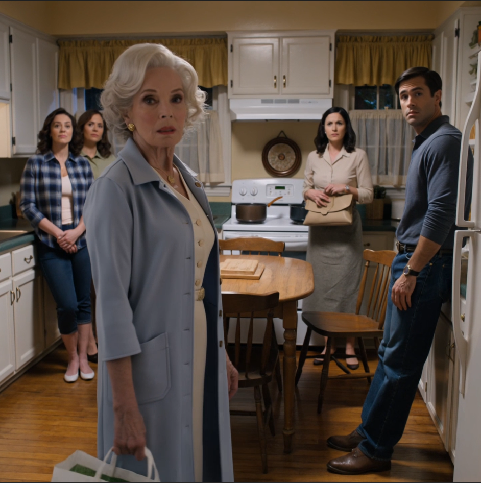 Kinematisk vidvinkelbild, ögonhöjd, statisk kamera, symmetrisk komposition.
Interiör av ett lyxigt höghusföretagskonferensrum.
Miljö: I mitten bakre delen av bilden avslöjar stora golv-till-tak-fönster en ljus stadssilhuett med många skyskrapor under en klar blå himmel.
En lång, polerad mahognykonferensbord i förgrunden reflekterar ljuset.
Bakgrund: Till vänster om fönstren står en amerikansk flagga på en guldfärgad stång; till höger en blå stats- eller organisationsflagga på en guldfärgad stång.
Ett litet sidobord och ett inramat foto är synliga längst till vänster.
Karaktärer & Klädsel: Två medelålders män i slutet av 40-årsåldern som bär skarpa, skräddarsydda affärsdräkter (en i svart, en i marinblå), vita kragade skjortor och mörka sidenknytar.
Mannen till vänster bär glasögon.
Handling: Båda männen går in i bilden samtidigt från motsatta sidor—den ene från vänster och den andre från höger—och stannar i mitten bakre delen bakom bordets huvud.
Mannen till höger håller ett tjockt brunt manilaförpackning och ett vitt dokument.
De står ansikte mot ansikte, låsta i en spänd, tyst och kall konfrontation.
Känsla: Atmosfären är allvarlig, formell och fylld av spänning.
Deras uttryck är stoiska, professionella och resoluta; ingen ler eller gör ögonkontakt med kameran.
Teknik: Mjukt naturligt dagsljus, 8K-upplösning, fotorealistiska texturer av trä och tyg, högkvalitativ cinematografi.