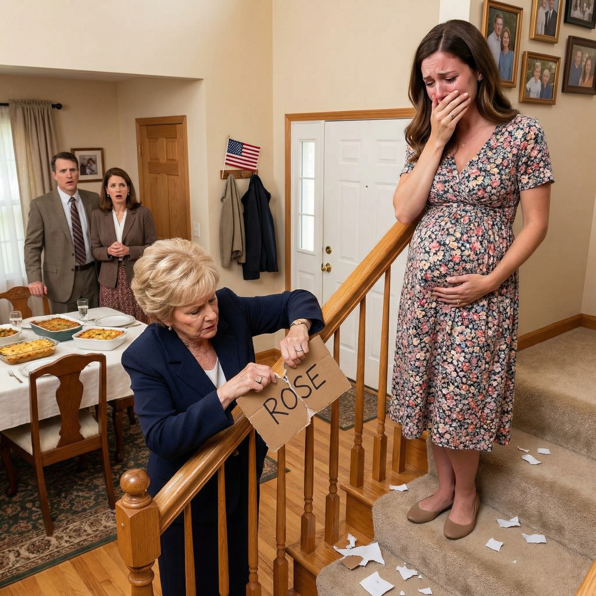 Zmień imię,” powiedziała teściowa, zamykając mnie na górze jej schodów, podczas gdy czterdzieści osób na dole podawało talerze z ciastem i kawą, jakby to był zwykły wieczór rodzinny, a kiedy powiedziałam jej, że moja córka będzie nazwana Rose na cześć babci, która mnie wychowała, jej twarz się zmieniła, jej ręka opadła płasko na moją pierś, a wypolerowane drewno za moimi obcasami przestało przypominać schody i zaczęło wyglądać jak krawędź czegoś, czego mogę nie przeżyć.