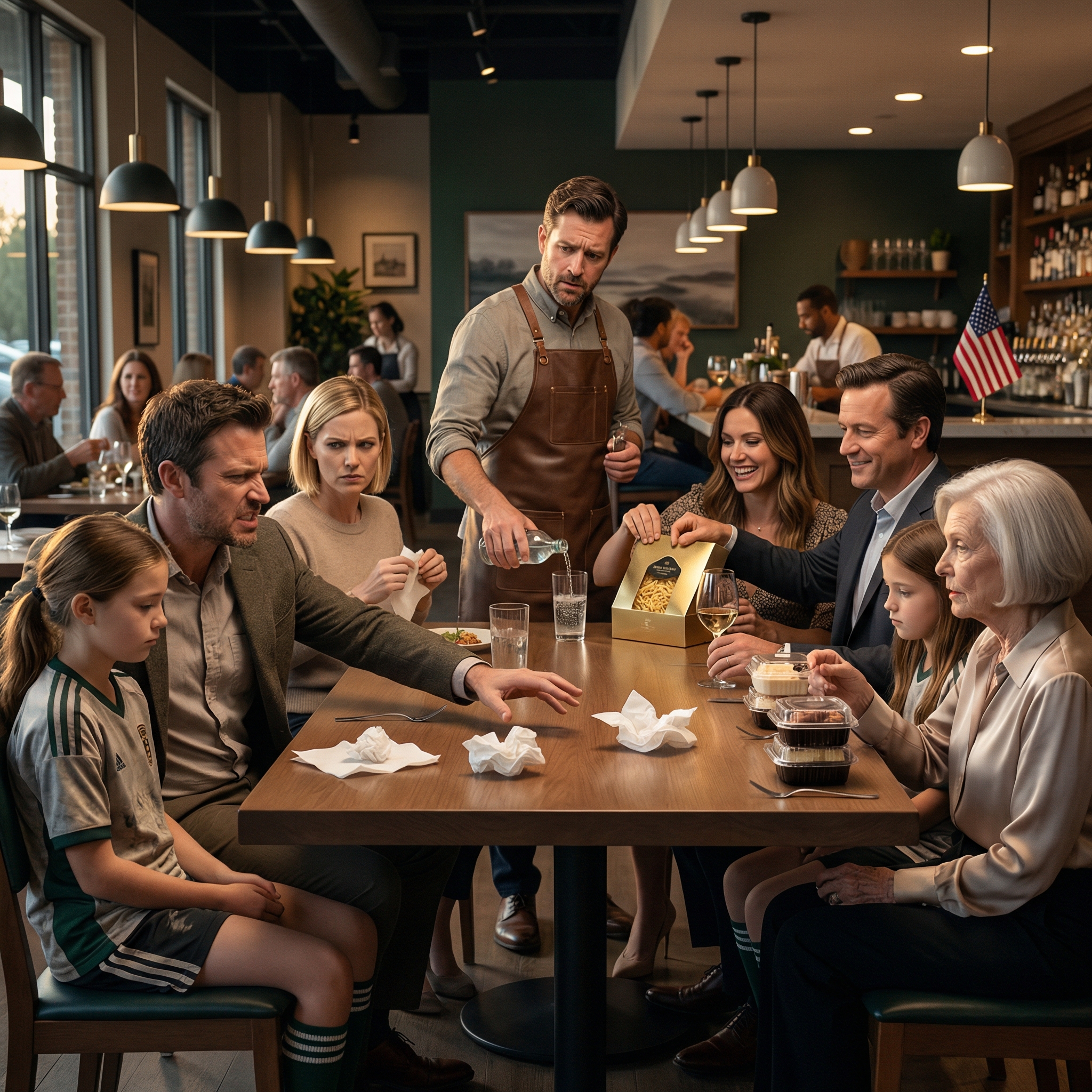 Twoje dziewczyny mogą jeść, kiedy wrócą do domu,” powiedziała moja matka, przesuwając dwie papierowe serwetki po stole, podczas gdy moje córki siedziały tam w swoich piłkarskich uniformach i oglądały, jak ich kuzyni otwierają złote pudełka obiadowe, które zamówiła wcześniej; kiedy mój szwagier się zaśmiał i powiedział, że powinienem najpierw nakarmić moje dzieci, pochyliłem się, ścisnąłem dwie małe dłonie i powiedziałem: „Zrozumiałem.”