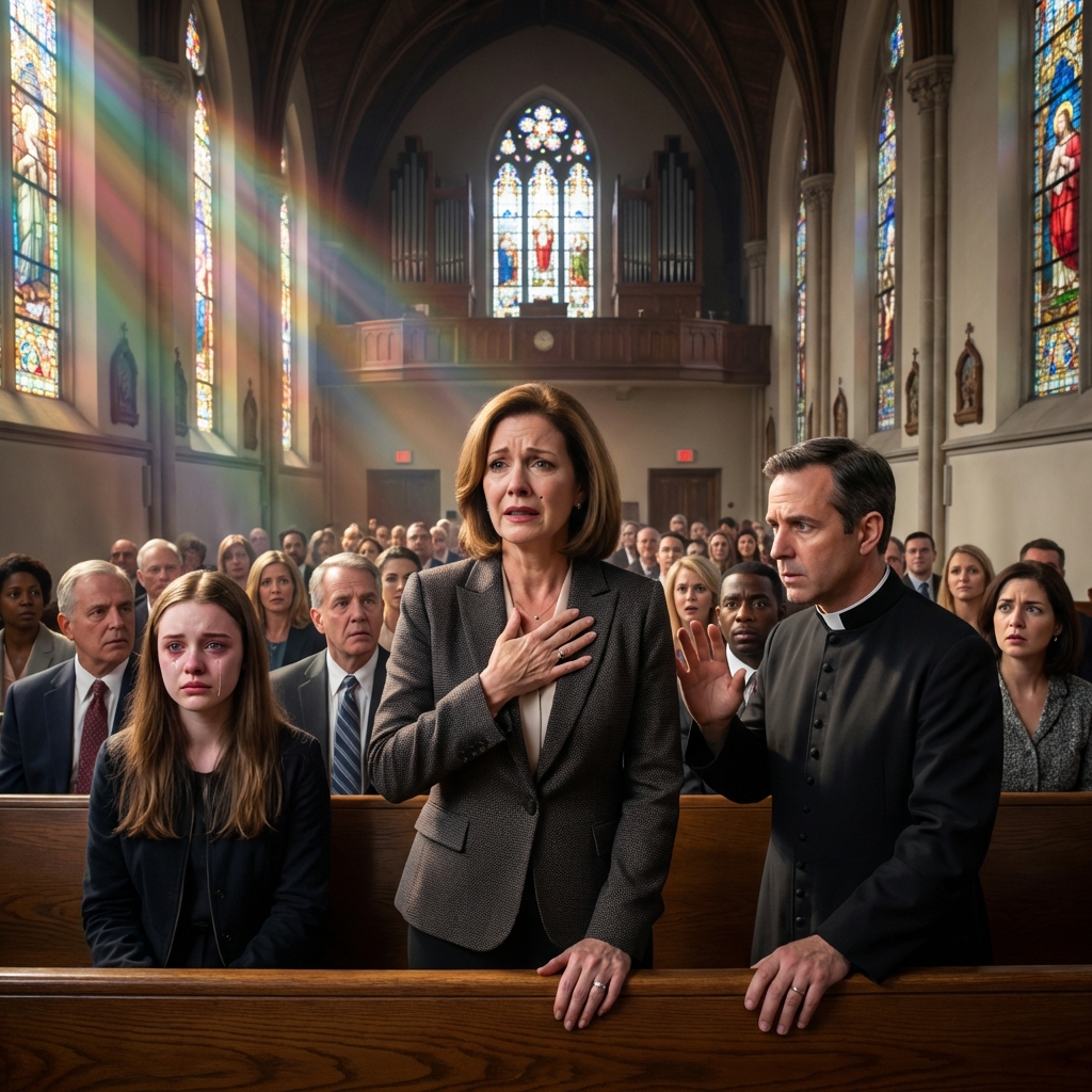 Potrzebuje modlitw… od lat zmagam się z trudnościami,” ogłosiła moja matka. Czułam na sobie każdy wzrok. Wstyd. Zamieszanie. Złość. Potem usłyszałam skrzypienie krzesła. Mężczyzna powoli wstał. “To nie tak się stało,” powiedział stanowczo. Moja klatka piersiowa zacisnęła się, gdy go rozpoznałam. Podszedł do przodu, spojrzenia utkwione w mojej matce. “Znam prawdę.” I nagle… wszyscy inni też to wiedzieli.