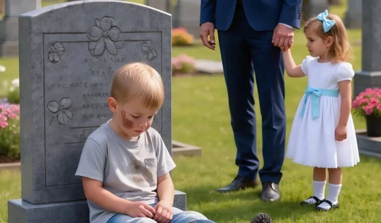 Cinco anos após a morte de sua esposa, um homem caminhou até seu túmulo, segurando a mão de sua filha. Lá, um menino jazia silenciosamente. Quando o menino de repente