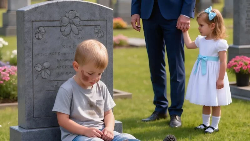 Cinco anos após a morte de sua esposa, um homem caminhou até seu túmulo, segurando a mão de sua filha. Lá, um menino jazia silenciosamente. Quando o menino de repente