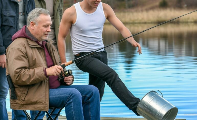 Starszy mężczyzna siedział na drewnianym pomoście, łowiąc ryby, aż trzech młodych mężczyzn podeszło do niego