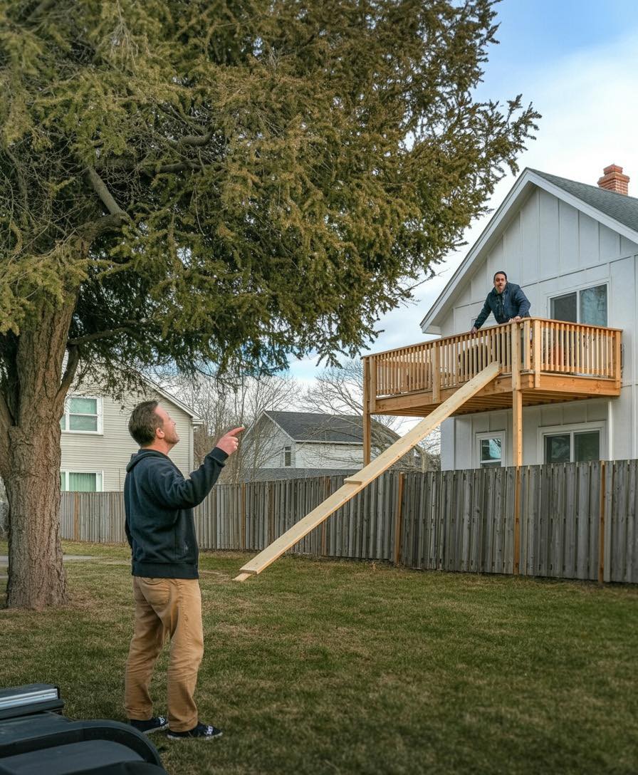 Mój sąsiad zbudował balkon nad moim podwórkiem, gdy mnie nie było, więc kazałem mu go rozebrać