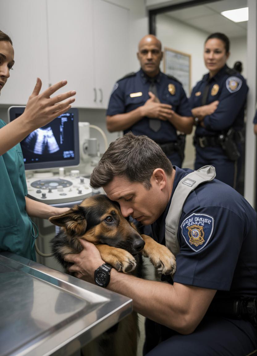 Um policial abraçou seu cão de serviço enquanto o veterinário preparava a injeção final