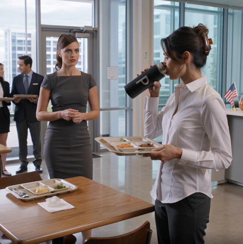 A mulher sentada na cabine de almoço executivo na empresa do meu marido me deu um tapa por estar bebendo do Yeti preto que ela chamou de “meu marido”. O que fez toda a sala ficar imóvel não foi o tapa. Foi o olhar no rosto do meu verdadeiro marido quando ele entrou e viu quem ela acabara de colocar a mão.