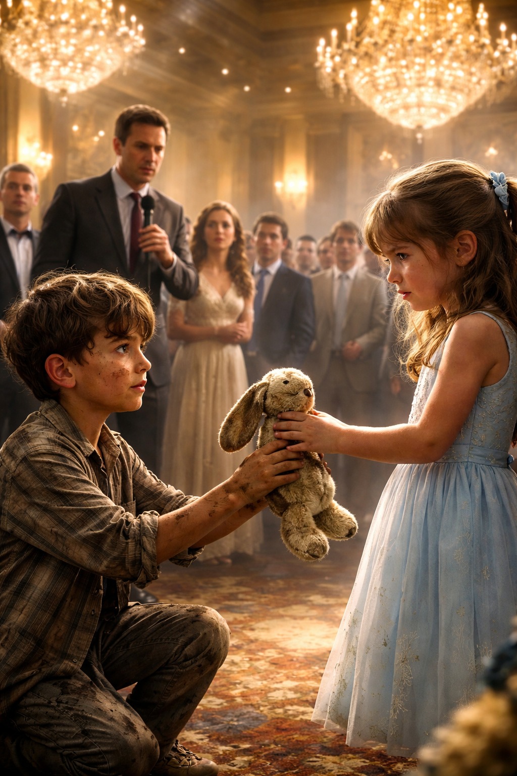 Kaikki odottivat sitä yöllä ihmettä, mutta kukaan ei odottanut sen tulevan likaiselta paljain jaloin seisovalta lapselta ovella. Se, mitä poika teki seuraavaksi, sai täyden salin vaikutusvaltaisia ihmisiä unohtamaan, kuinka hengittää. Suurihalli hohti kultaisessa valossa ja hiljaisessa ylimielisyydessä, täynnä ihmisiä, joita ei ollut koskaan sanottu ei. Kristallilaseja kilisi hiljaa, kallista hajuvesiä leijui ilmassa, ja jokainen keskustelu kuulosti kiillotetulta ja hallitulta. Mutta kaiken keskellä seisoi Daniel Harrington, mies, jolla oli kaikki paitsi yksi asia, jonka hän ei voinut ostaa takaisin. Hänen tyttärensä. Emily seisoi hänen vieressään pehmeässä sinisessä mekossa, pienten sormiensa tiukasti hänen kädessään kuin hän voisi kadota, jos päättäisi päästää irti. Hänen silmänsä olivat suuret ja elävät, mutta hänen huulensa olivat pysyneet kiinni kolme pitkää vuotta. Siitä yöstä, jolloin hänen äitinsä kuoli onnettomuudessa, Emily ei ollut puhunut sanaakaan. Lääkärit kutsuivat sitä traumaksi. Asiantuntijat kutsuivat sitä monimutkaiseksi tunnepohjaiseksi lamaantumiseksi. Daniel kutsui sitä painajaiseksi, josta ei voinut herätä. Kun musiikki vaimeni, Daniel astui eteenpäin, hänen äänensä tärisi huolimatta vuosien johtamisesta neuvotteluhuoneissa ja imperiumeissa. Hän ei peitellyt epätoivoaan. Hän ei teeskennellyt olevansa vahva. 
“Minä annan miljoona dollaria,” hän sanoi, hänen äänensä murtui, “kelle tahansa, joka voi auttaa tytärtäni puhumaan uudelleen.” 
Aalto levisi huoneessa. Jotkut vieraat vaihtoivat epäileviä katseita, toiset katsoivat alas, ja muutama taivutti taaksepäin kuin tämä ei olisi muuta kuin rikkaan miehen dramaattinen vetoomus. Kukaan ei astunut eteenpäin. Emilyn ote kiristyi. 
Ja sitten, salin takaosasta, pieni ääni rikkoi hiljaisuuden. 
“Voin auttaa.” 
Päät kääntyivät heti. 
Sisäänkäynnillä seisoi poika, joka ei kuulunut sinne. Hänen vaatteensa olivat kuluneet ja tahraiset, hänen kenkänsä olivat melkein hajalla, hänen kasvonsa olivat likaiset ja uupuneet. Hän näytti siltä, kuin hän olisi lapsi, jota ihmiset välttelevät kadulla, ei joku, joka pitäisi seistä kristallikruunujen alla. 
Turvallisuusjoukot liikkuivat heti, mutta poika ei väistänyt. 
“Voin auttaa häntä,” hän toisti, rauhallisesti ja vakaasti, ikään kuin hän olisi sanonut sen tuhat kertaa aiemmin. 
Jotkut vieraat naurahtivat hiljaa. Toiset näyttivät loukkaantuneilta siitä, että tällainen kohtaus edes tapahtui. Daniel rypisti kulmakarvojaan, epävarmana siitä, pitäisikö hän hylätä tämä vai ei, mutta jotain pojan silmissä sai hänet epäröimään. 
Poika ei katsonut yleisöön. 
Hän katsoi vain Emilyä. 
Ja Emily… katsoi takaisin. 
Huone hiljeni hitaasti, kun poika astui eteenpäin, jokainen askel kaikui äänekkäämmin kuin olisi pitänyt. Ei pelkoa, ei epäröintiä, ei yritystä tehdä vaikutusta. Vain hiljainen varmuus, joka ei kuulunut hänen ikäiselleen. 
Hän pysähtyi hänen eteen. 
Hetken kukaan ei liikkunut. 
Sitten, ilman lupaa kysymättä, ilman sanaakaan sanomatta, poika ojensi kätensä ja otti esiin jotain pientä ja kulunutta. 
Rikkoutunut, haalistunut lelu. 
Hengähdykset kulkivat väkijoukon läpi. 
Emilyn silmät laajenivat. 
Hänen sormensa irtosivat isänsä kädestä. 
Ja sitten poika polvistui hänen eteensä, pitäen lelua kädessään tärisevin käsin, hänen äänensä yhtäkkiä pehmeämpi, melkein hauras. 
“Muistatko tämän… eikö niin?” 
Danielin sydän pysähtyi. 
Koska tuo lelu… 
Se oli haudattu Emilyn äidin kanssa. 
Emily otti askeleen eteenpäin. 
Hänen huulensa tärisivät. 
Koko sali kallistui eteenpäin, jäätyneenä, katsellen, kuinka mahdoton tapahtui, kyyneleet täyttivät hänen silmänsä ja hänen rintansa nousi jyrkästi kuin hän taisteli jotain syvällä sisimmässään. 
Ja juuri kun hänen suunsa alkoi hitaasti avautua… 
Daniel kuiskasi, tuskin kuultavasti, “Miten sinulla on tämä…?” 
Poika katsoi häneen. 
Ja mitä hän sanoi seuraavaksi, sai Danielin tuntumaan kuin maa olisi kadonnut hänen jalkojensa alta. 
Jos olisit siellä, luottaisitko tähän poikaan… vai pysäyttäisitkö hänet ennen kuin on liian myöhäistä? 
Mitä luulet hänen aikovan paljastaa? 
Jatkoa tarinalle on ensimmäisessä kommentissa