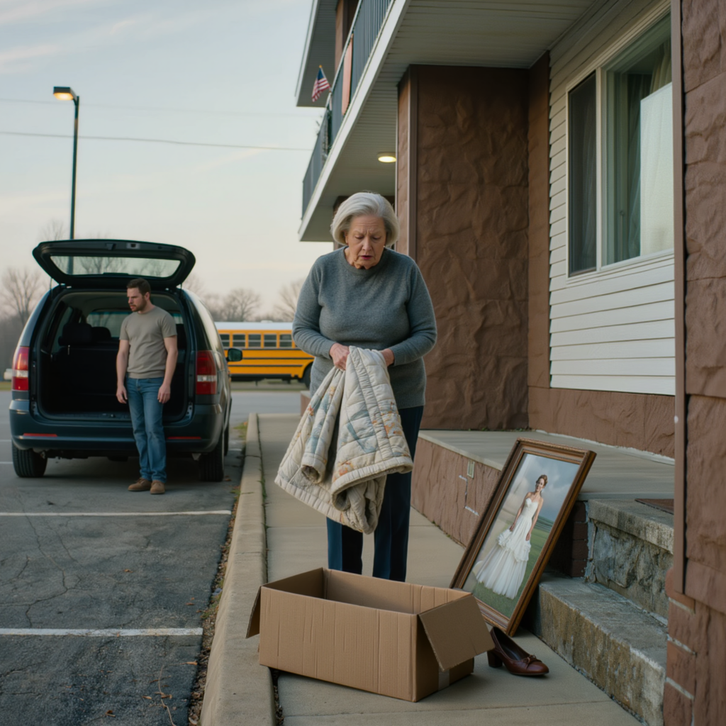 Utkörd ur sitt hem vid 80 års ålder, stirrandes på tre lådor och ett krossat bröllopsfoto på trottoaren, hade hon fortfarande inte förstått varför hennes son bara sa: “Du kommer att klara dig, mamma,” när en faktura för en hemlig förvaringsenhet i San Diego under hennes avlidne makes namn gled ur en hög gamla papper — och den dörren vände 46 års äktenskap bort från allt hon trodde att hon visste.