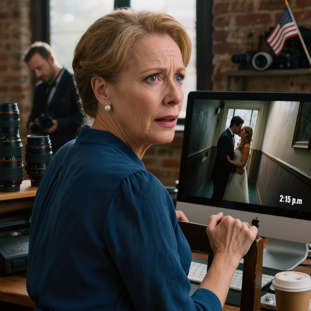 En månad efter min dotters bröllop ringde fotografen själv till mig med skakande röst: “Fru, kom till studion direkt, jag hittade något hemskt på bilderna, men säg inte till din flicka,” och jag trodde fortfarande att det var ett dåligt foto eller någon berusad gäst tills han zoomade in på ett bortglömt hörn av korridoren och jag förstod att mannen som stod där och gav välsignelser den dagen förmodligen borde vara rädd.