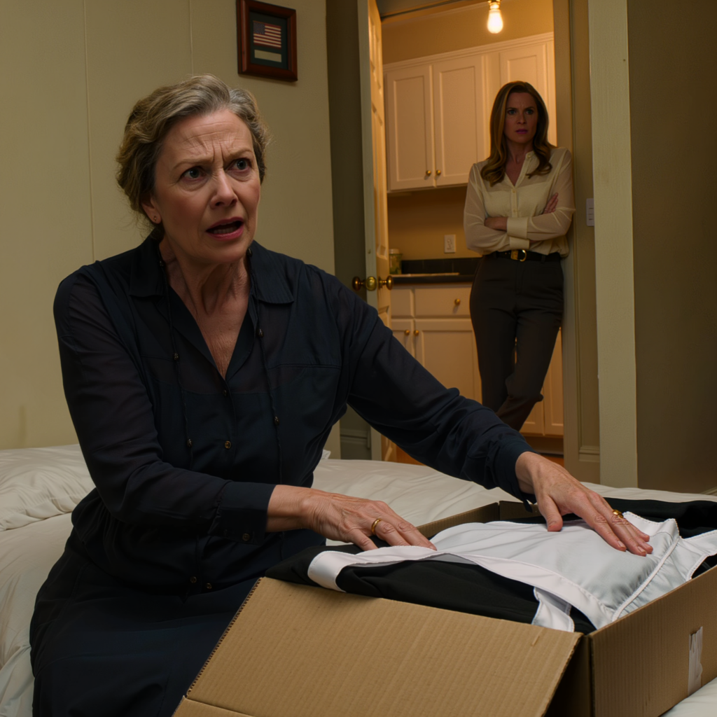 Efter att ha gått i konkurs flyttade jag in hos min son för att sätta ihop mitt liv igen, men redan första dagen lade min svärmor en tjänsteflickas uniform på min säng och sa kallt: “Sätt på dig den,” medan min son bara stod där och tillade: “Gör som hon säger, och var tacksam att du fortfarande har ett tak över huvudet,” så jag tyst drog ut min resväska ur dörren, och några månader senare var det samma två personer som inte kunde titta rakt på skärmen