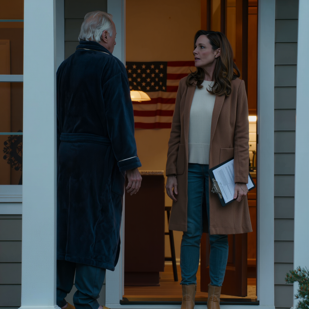 O szóstej rano w listopadzie usłyszałem, jak ciężarówka cofająca prosto na mój podjazd, pociągnąłem zasłonę i zobaczyłem moją synową stojącą na moim ganku z notatnikiem skierowanym do moich drzwi, spokojnie mówiącą: „Znaleźliśmy dla ciebie ładne miejsce”, odsunąłem się na bok i powiedziałem: „Wejdź”, a w chwili, gdy zobaczyła, kto już siedzi w mojej kuchni, notatnik wyślizgnął się jej z rąk, jakby chłód z tego ganku przeszedł prosto do moich kości.