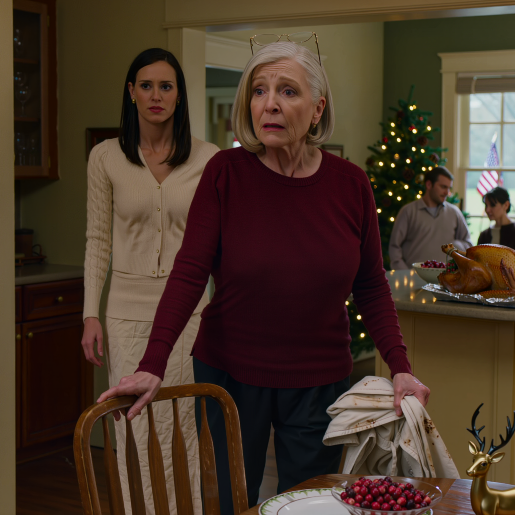 Może powinnaś zjeść na górze,” powiedziała bardzo spokojnie moja synowa, właśnie gdy miałam usiąść przy świątecznym stole, przy którym byłam od 4:30 rano, gotując dla niego, z indykiem jeszcze w piekarniku i sosem żurawinowym na blacie kuchennym, który wycierałam od 31 lat, ale to był mój dom, moje nazwisko było na akcie od 1993 roku — zdjęłam fartuch, pociągnęłam za krzesło przy głównym stole, a cały pokój nagle ucichł, jakby cały powietrze zostało z niego wyssane.