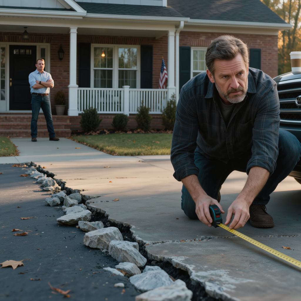 Dom obok właśnie zmienił właściciela, a w ciągu kilku tygodni wyszedłem z kawą i zobaczyłem, że moja podjazd skrócił się z 12 do 10 stóp, z czystą nową kamienną krawędzią leżącą starannie na mojej ziemi, podczas gdy oni mówili, że to „wygląda dobrze” i zachowywali się tak, jakby ten pasek zawsze należał do nich — największym błędem nie był brak dwóch stóp betonu, które zniknęły, lecz to, że myśleli, iż po prostu to zobaczę i odpuszczę