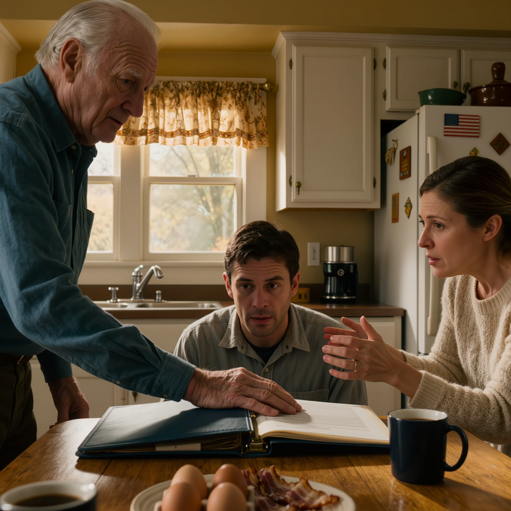 Min son ringde före kl. 8, hans röst plötsligt skarp: “Pappa, varför frös du kontot? Min fru är verkligen upprörd för att hon inte kan flytta pengarna” — Jag sa bara till dem båda att komma över för frukost, och när han äntligen satte sig vid mitt köksbord, sköt jag över den tjocka pärmen till min son, och min svärdotter blev blek redan från första sidorna.