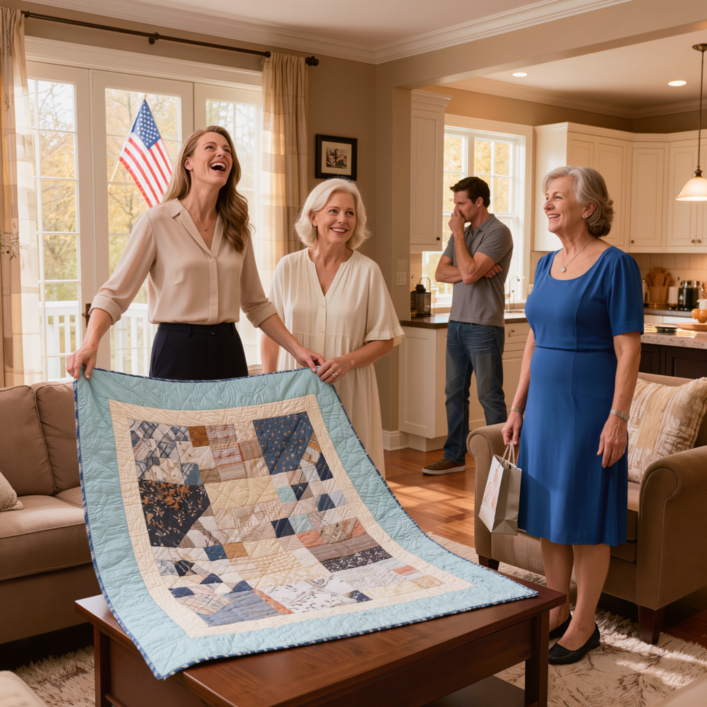 På min sons inflyttningsfest gav jag min svärdotter den filt jag hade tillbringat tre veckor med att sy, och hon höjde den och skrattade: “Det är det, mamma? Det ser ut som en tras”,
medan hennes mamma rörde vid kanten med två fingrar och gav mig ett litet “vad sött”-leende — jag plockade tyst upp min väska och gick hem, och nästa morgon ringde min advokat: “Dorothy, de har precis fått reda på vem som verkligen ligger bakom huset de bor i.”